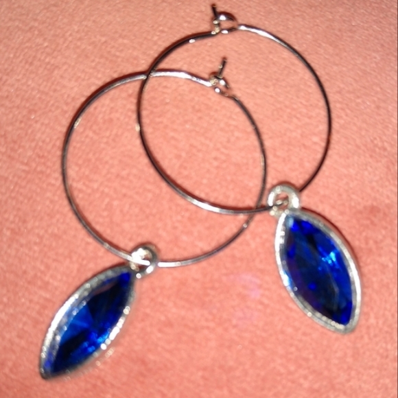 Cobalt Blue Marquis Rhinestone Silver Charm Hoop Earrings Hoops Handmade KATTA - Picture 2 of 9